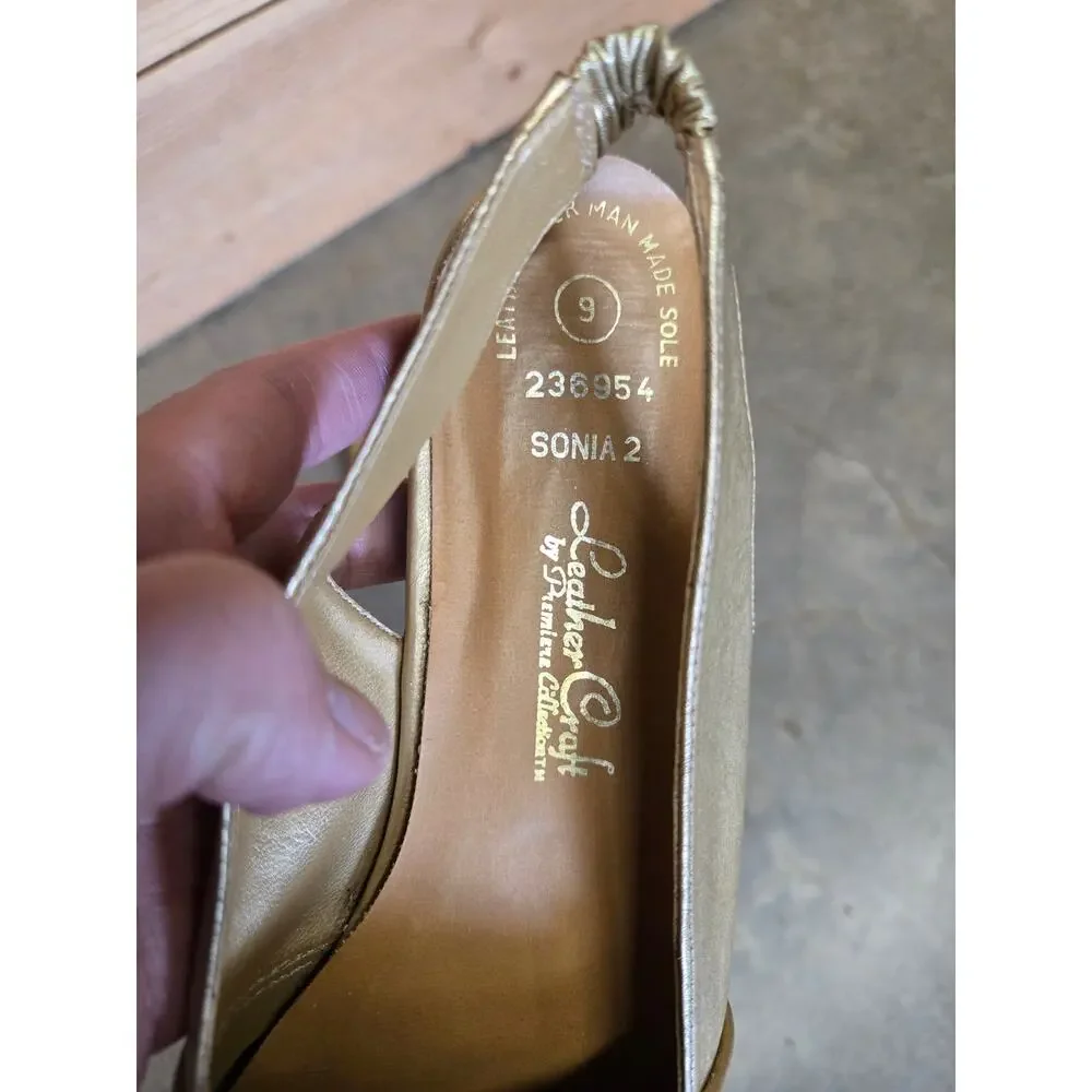 Leather Craft Vintage Gold Perforated Slingback Flats Sonia 2 Shoes‎ Size 9